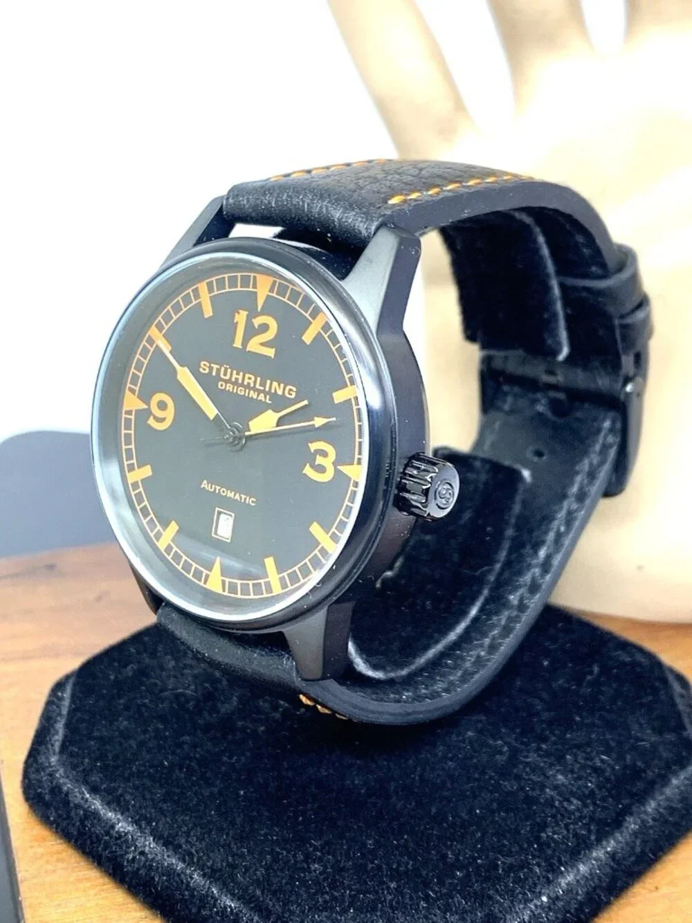Stuhrling Men's Watch ST-900016 Automatic Black Orange Dial Leather Band 44mm
